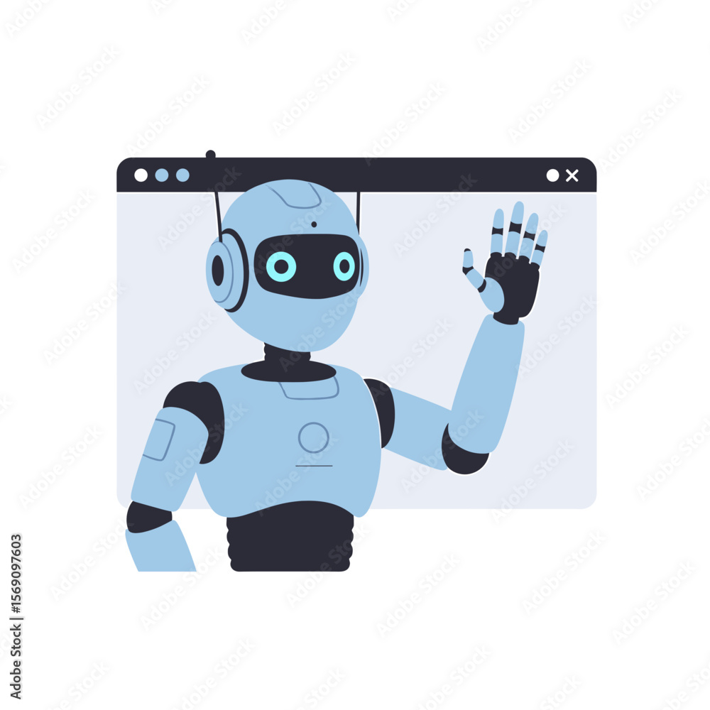 Poster friendly robot greeting with hand raised in virtual environment