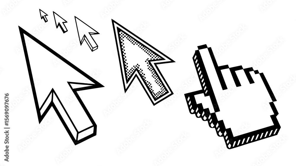 Fototapete a collection of stylized computer mouse cursors including a classic arrow a dotted arrow and a pixel