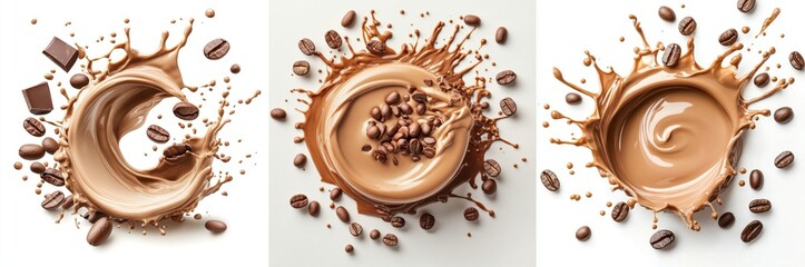 Circular chocolate milk splashing swirl with coffee beans, isolate on white background. Collection.