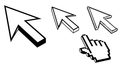 Collection of diverse computer mouse cursor icons including a classic arrow pointer a 3d rendered arrow a pixelated arrow and a pixelated hand pointer against a clean white background