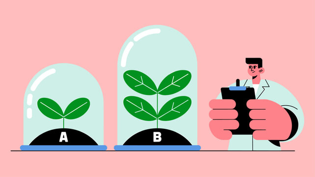 scientist conducting plant experiment with a and b comparison, vector illustration for hypothesis testing, controlled experiment and scientific research