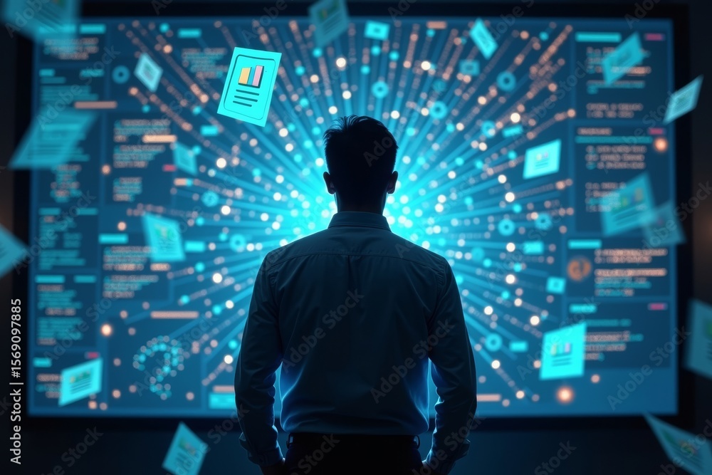 Poster individual focused and determined in front of intricate network display on large glowing screen