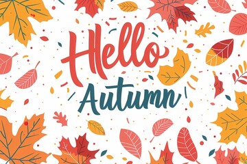 hello autumn text with falling leaves