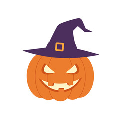 Halloween pumpkin with witch hat and mischievous expression  