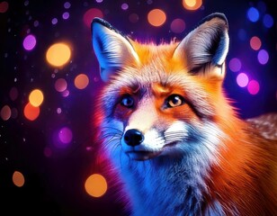 Obraz premium Fox in a vibrant dreamy atmosphere with colorful flares and sparkling ambient light