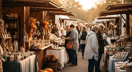Outdoor market scene with people browsing handcrafted goods under wooden stalls.