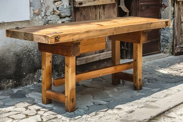 Reclaimed workbench made of solid wood standing on a stone floor in a rustic setting