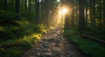 Fototapeta premium Sunlit Forest Path: Magical Sunrise Hike