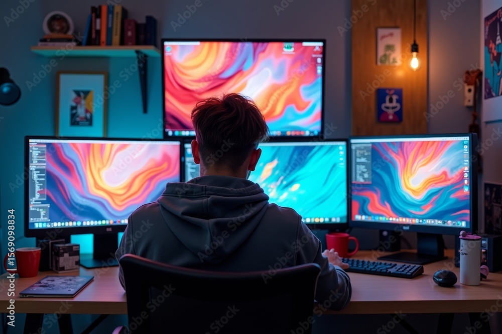 Poster graphic designer artist creating colorful and abstract designs on multiple computer screens