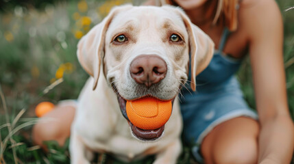 Happy Labrador Retrieving a Bright Orange Ball in a Lush Green Field with a Smiling Owner in Summer Setting