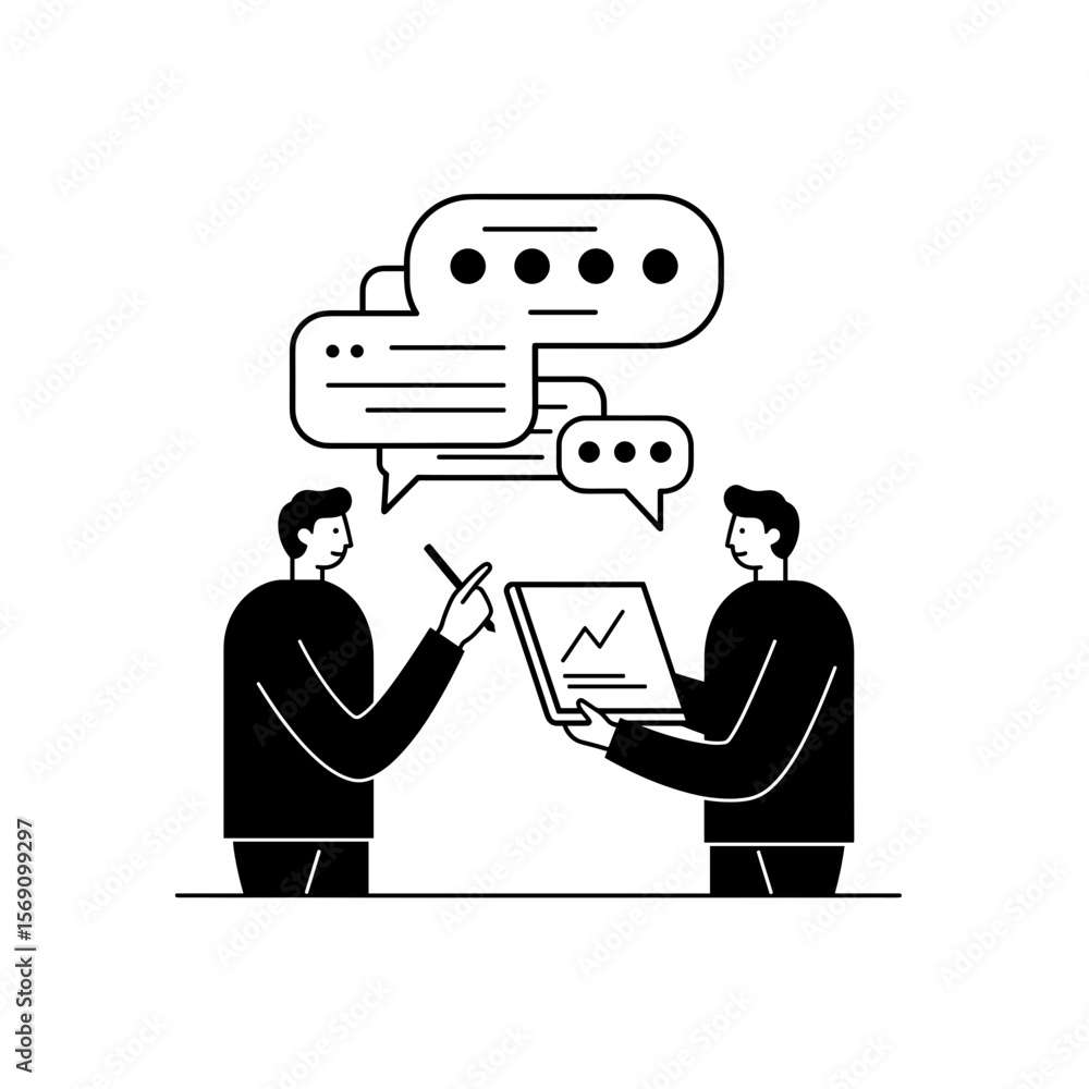 Poster two men discussing data while holding a tablet with charts