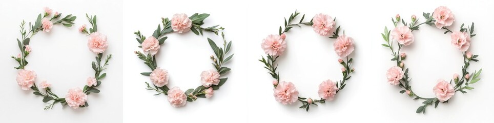 Pink carnations arranged in a wreath frame, isolate on white background. Collection.