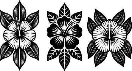 Bold silhouette of hibiscus bloom with tribal petal designs, ideal for summer decor, mascot logos, and tropical prints