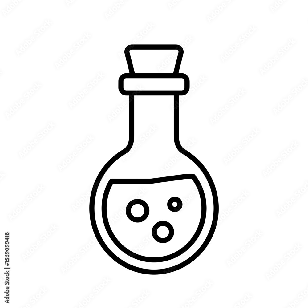 Poster laboratory flask with liquid and bubbles in outline style