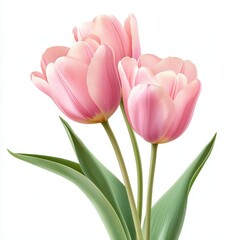 Naklejka premium Pink tulips with leaves, isolate on white background.