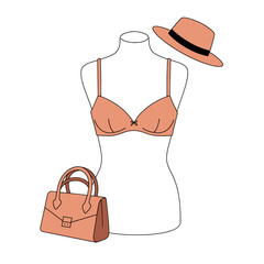 Stylized fashion illustration of a bikini, handbag, and hat  