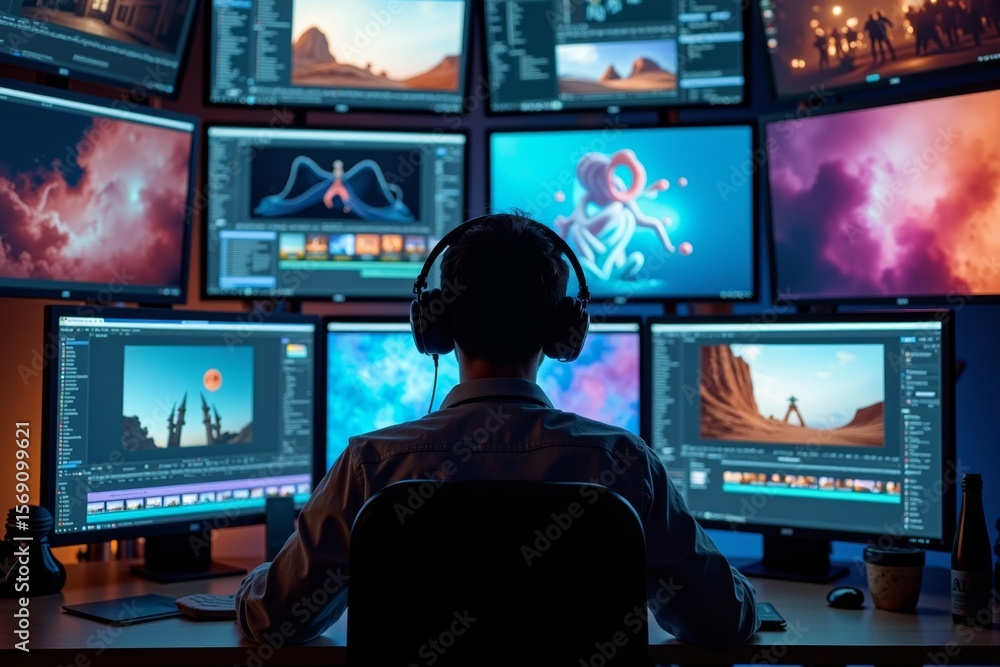 Fototapete designer immersed in a dazzling display of editing processes on multiple computer screens, crafting 