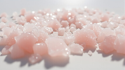 Close-up of pink salt crystals scattered on a white surface, showcasing their crystalline structure and soft pastel hue in a detailed macro shot