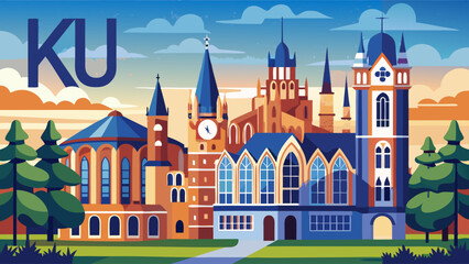 Fototapeta premium KU Leuven, Belgium – Flemish Gothic spires, tall stained windows, and an iconic clock tower crown this tranquil and symmetrical scholarly haven.