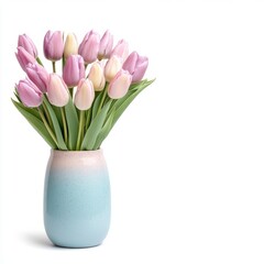 A bunch of purple tulips in a colorful vase, isolate on white background.