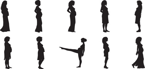 Pregnant Woman silhouettes Belly Growth Collection set. clip art, back lit, beauty, bonding, outline, design element, men