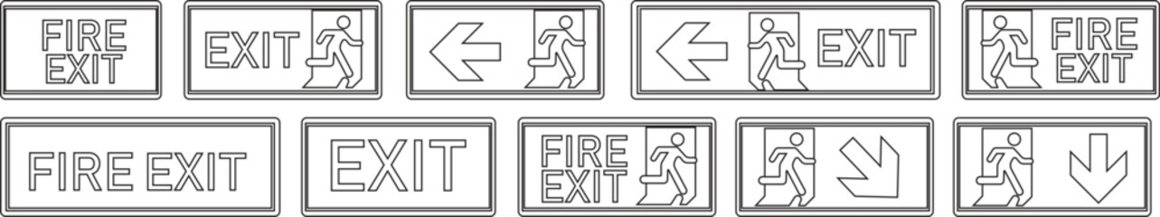 Emergency Exit line art Icon set.illustration of running man and exit door sign. Escape and evacuation symbol.Various exit sign isolated white background.Evacuation and relocation of people to safety.