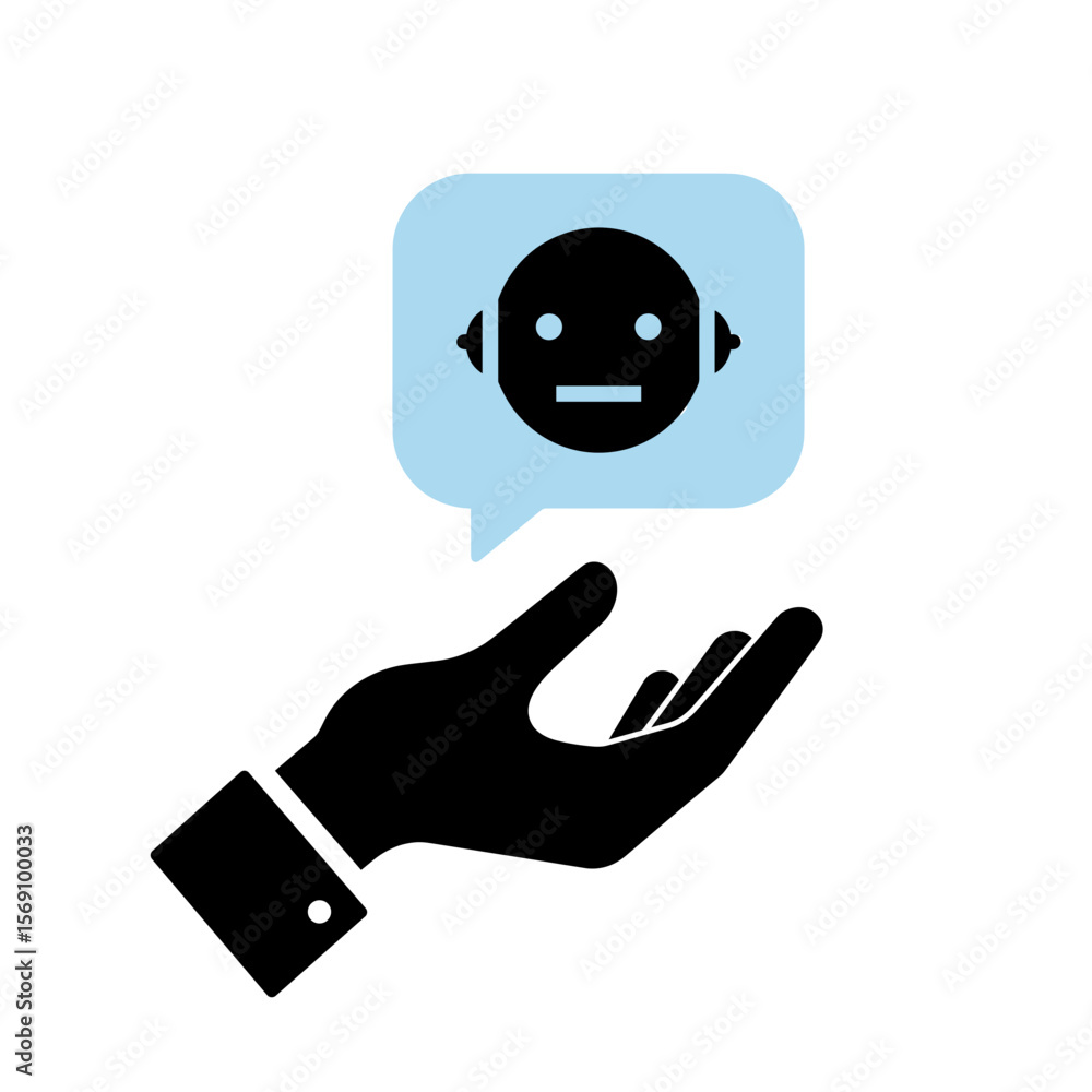 Poster hand holding speech bubble with robot face symbolizing communication