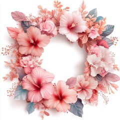 Decorative wreath frame adorned with hibiscus flowers, isolate on white background.