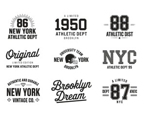 Obraz premium New York, Brooklyn typography, badges set for t-shirt print. Varsity style t-shirt graphics — Vector