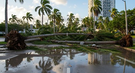 Hurricane Aftermath: Fallen Palm Trees Block Road