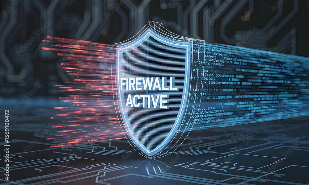 Aufkleber digital shield protects network data, blocking threats, illuminated circuits visible, for cybersecur
