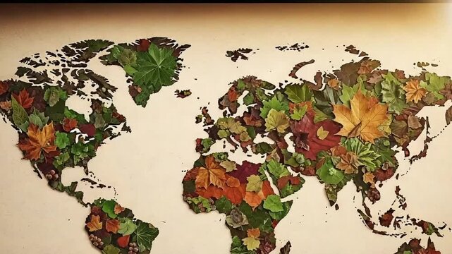 World map created from colorful autumn leaves on white background  