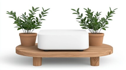 White Rectangular Object on Rustic Wooden Display Stand with Potted Plants