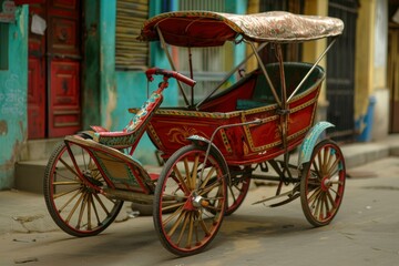 Fototapeta premium Colorful cycle rickshaw waiting for customers on a havana street, showcasing the vibrant culture and traditional transportation of cuba