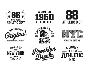 Obraz premium New York, Brooklyn typography, badges set for t-shirt print. Varsity style t-shirt graphics — Vector