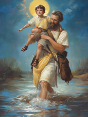 St. Christopher Carrying Child Across a River with Light Above