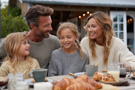 A family of four enjoying an outdoor meal together, laughing and sharing food at the dining table on their patio with pastries and drinks scattered around