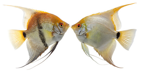 Two colorful freshwater angelfish facing each other. One has orange and white patterns, while the other is mostly silver with hints of yellow. Transparent background.