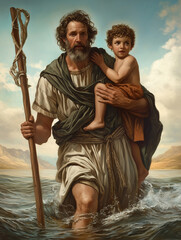 St. Christopher Carrying a Child Across a River in Serene Setting