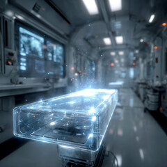 Futuristic medical examination table glowing with digital effects