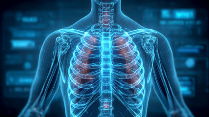 Human chest x ray showing rib cage and lungs in blue