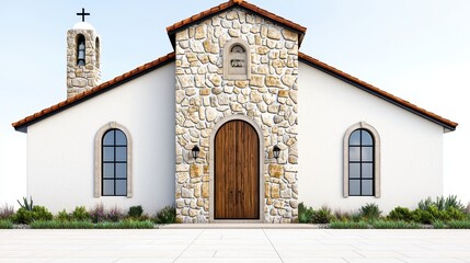 White Stucco Chapel with Stone Facade and Brown Wooden Door
