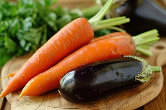 Vibrant carrots and a glossy eggplant lie on a wooden cutting board, accompanied by fresh parsley, ready for culinary use