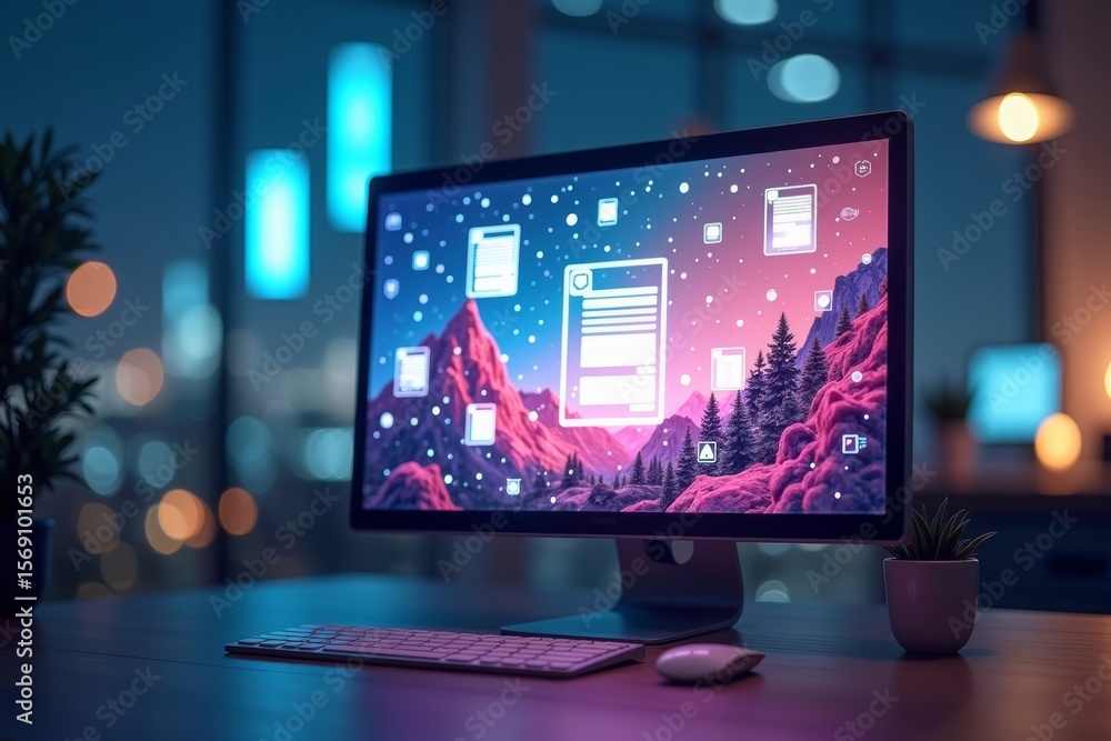 Poster digital landscape: colorful display of electronic invoices and accounting software on computer scree