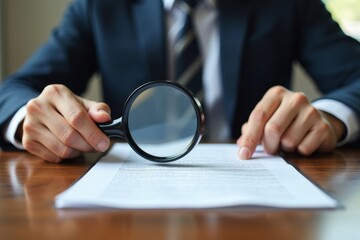 Public Notary Examines Contract with Magnifying Glass Before Sealing with Company Stamp