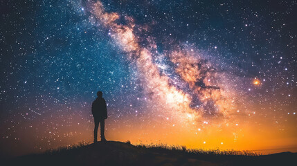 Fototapeta premium Person Standing on Hilltop Gazing at Vibrant Starry Sky with Milky Way Galaxy and Colorful Sunset in the Background
