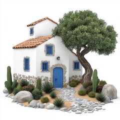 Whitewashed Mediterranean House with Blue Accents and Lush Desert Landscaping