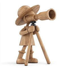 Wooden Figurine with Telescope on Tripod Against White Background