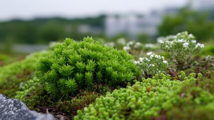 Close-up of green living roof with lush vegetation and texture.