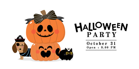 Happy halloween party invitation card with spooky pumpkin, ghost, black cat, cute bow and ribbon. Holidays cartoon character. -Vector